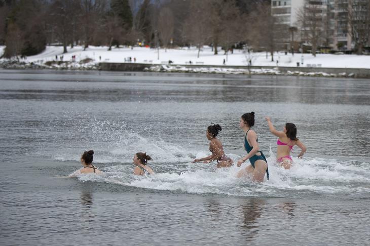 Fem jenter springer i vannet i vintertid, foto: GoToVan (Flickr) 