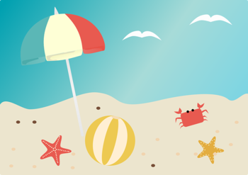 Animert bilete av strand, sjø, krabbe,parasoll og sjøstjerner 